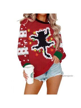Women's Christmas Cat Sweatshirt Crewneck Long Sleeve Pullover